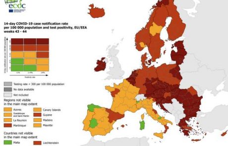 Na epidemiološkem zemljevidu večji del Evrope rdeč in temno rdeč