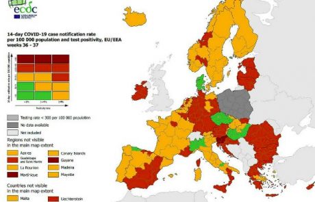 Slovenija na zemljevidu ECDC edina v EU temno rdeča