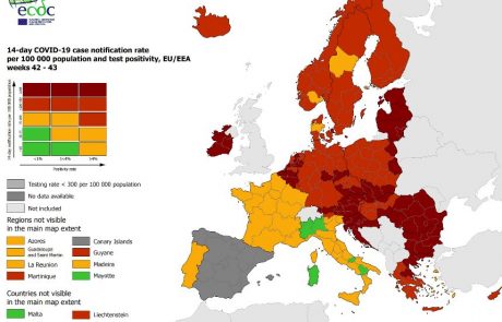 Zemljevid ECDC kaže na poslabšanje epidemioloških razmer po celi EU, Slovenija ostaja temno rdeča