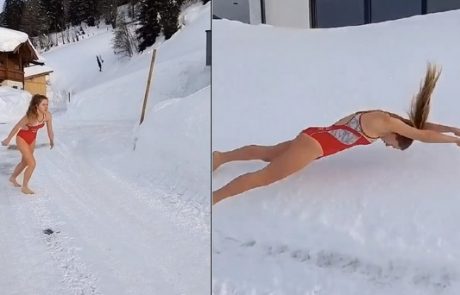 Na glavo je skočila v sneg, a se ni izšlo po njenih pričakovanjih (Video)
