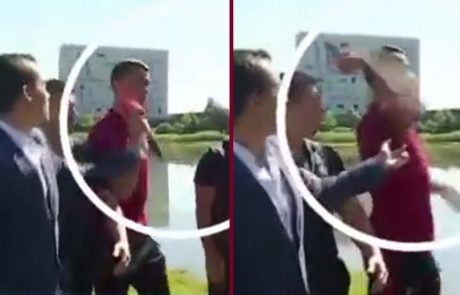 [VIDEO] Cristiano Ronaldo novinarju vzel mikrofon in ga vrgel v jezero